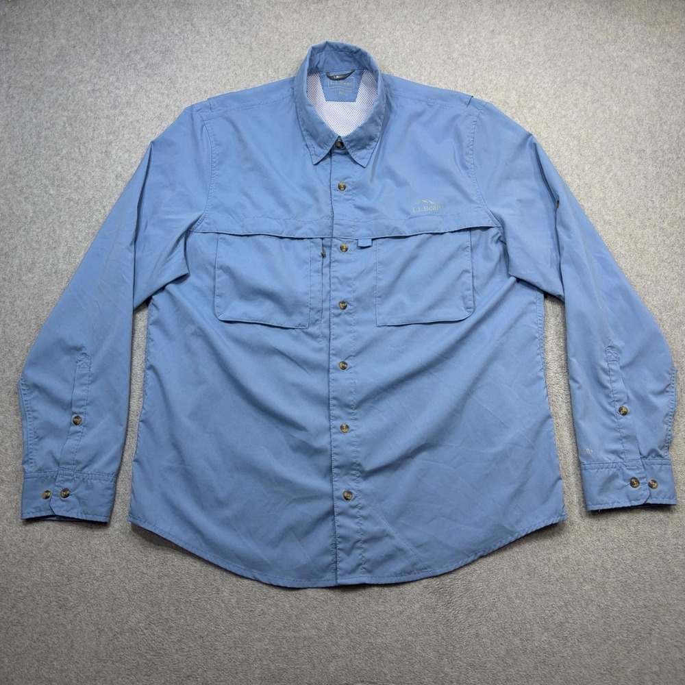 LL Bean Tropicwear Shirt Men Large Blue Long Sleeve UPF 50 Vented Fishing Hiking